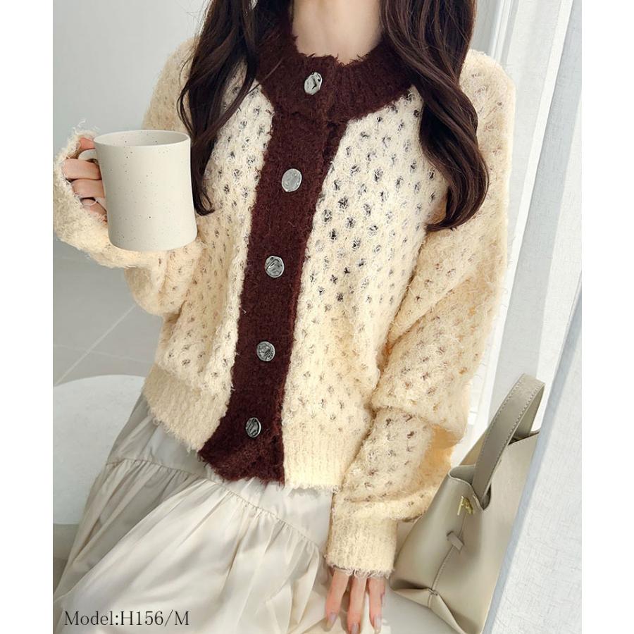 【mily bilet】カーディガン レディース 秋 トップス ニット 前後2way メタルボタン フェザーヤーン ふわっと感 大人可愛い 透け感 軽やか こなれ感 | classicalelf | 02