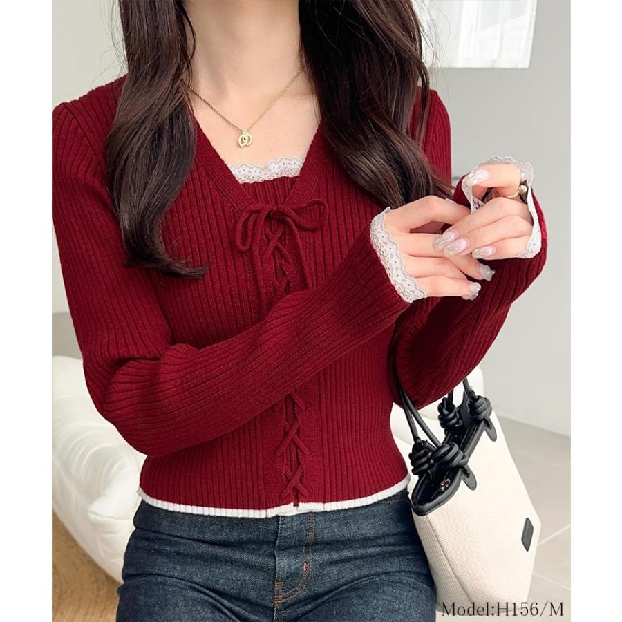 【mily bilet】トップス ニット レディース レースアップ 袖 レース 使い リボン デザイン リブニット プルオーバー 長袖 コンパクト 大きいサイズ | classicalelf | 13