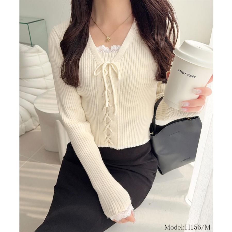 【mily bilet】トップス ニット レディース レースアップ 袖 レース 使い リボン デザイン リブニット プルオーバー 長袖 コンパクト 大きいサイズ | classicalelf | 02