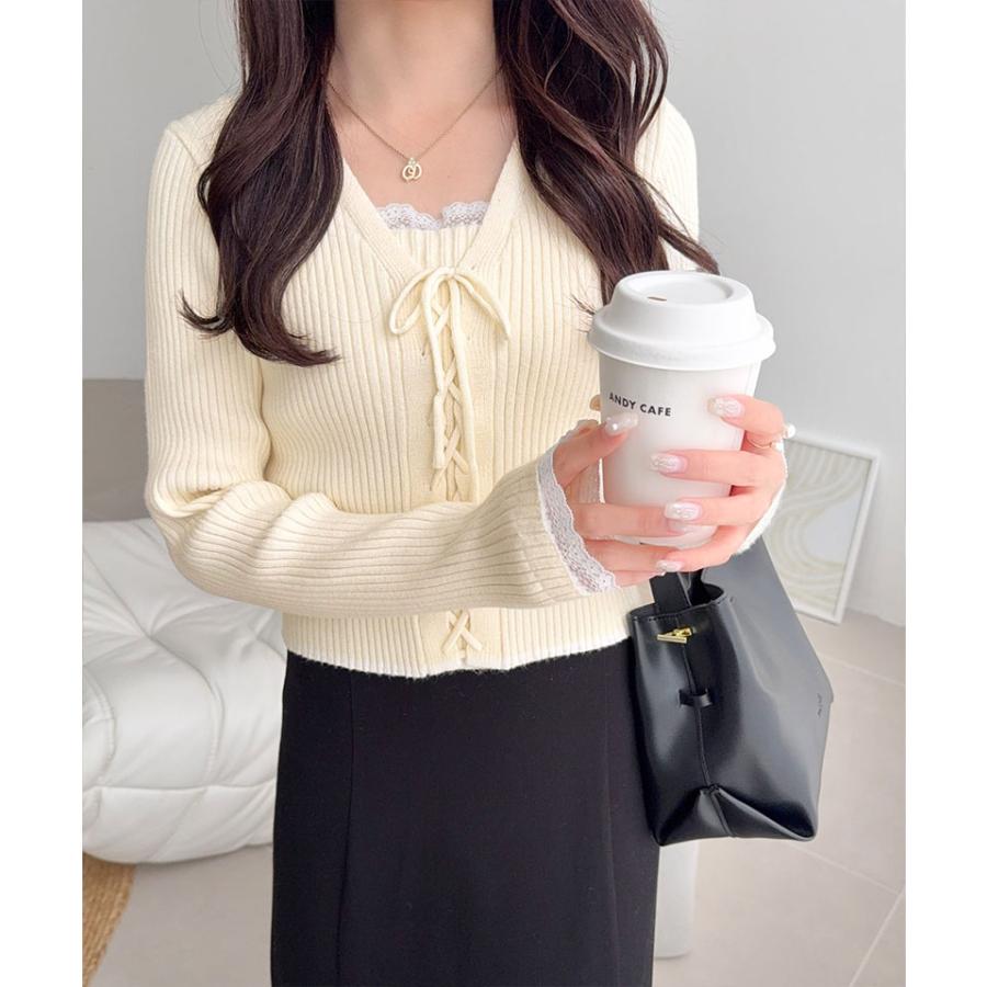 【mily bilet】トップス ニット レディース レースアップ 袖 レース 使い リボン デザイン リブニット プルオーバー 長袖 コンパクト 大きいサイズ | classicalelf | 05