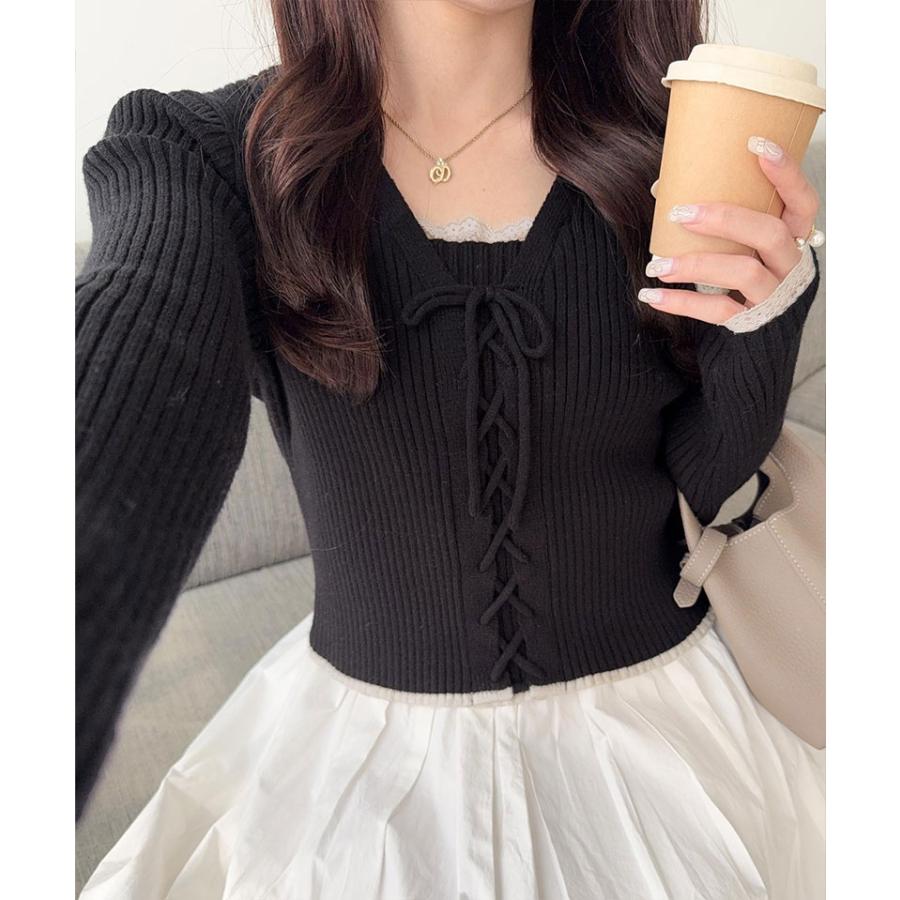 【mily bilet】トップス ニット レディース レースアップ 袖 レース 使い リボン デザイン リブニット プルオーバー 長袖 コンパクト 大きいサイズ | classicalelf | 08