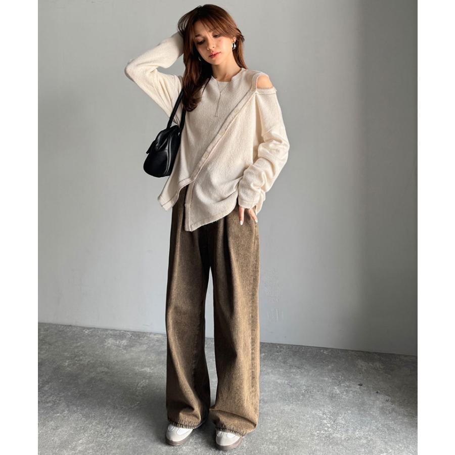 【mily bilet】 ニット レディース 長袖 トップス プルオーバー ふわもち 肩見せ 2WAY アシメデザイン 斜め切り替え 配色ライン ゆったり感 ヘルシー | classicalelf | 05