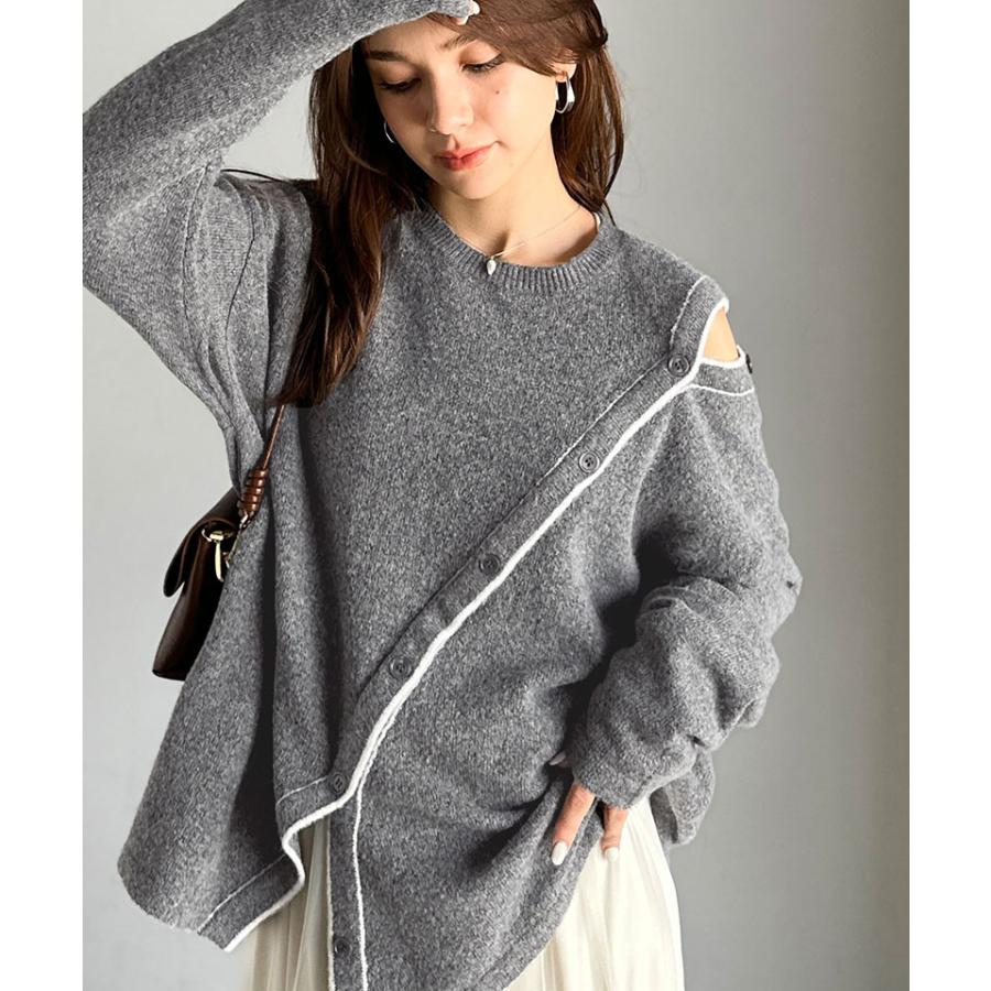 【mily bilet】 ニット レディース 長袖 トップス プルオーバー ふわもち 肩見せ 2WAY アシメデザイン 斜め切り替え 配色ライン ゆったり感 ヘルシー | classicalelf | 08