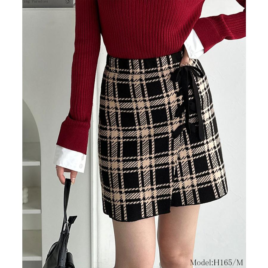 【mily bilet】ボトムス スカート レディース 巻きスカート風 リボン 使い チェック ニット ミニスカート スタイルアップ 大きいサイズ 秋 冬 2025aw | classicalelf | 10