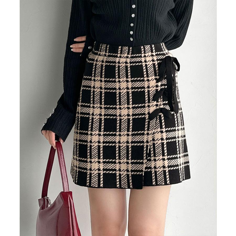 【mily bilet】ボトムス スカート レディース 巻きスカート風 リボン 使い チェック ニット ミニスカート スタイルアップ 大きいサイズ 秋 冬 2025aw | classicalelf | 12