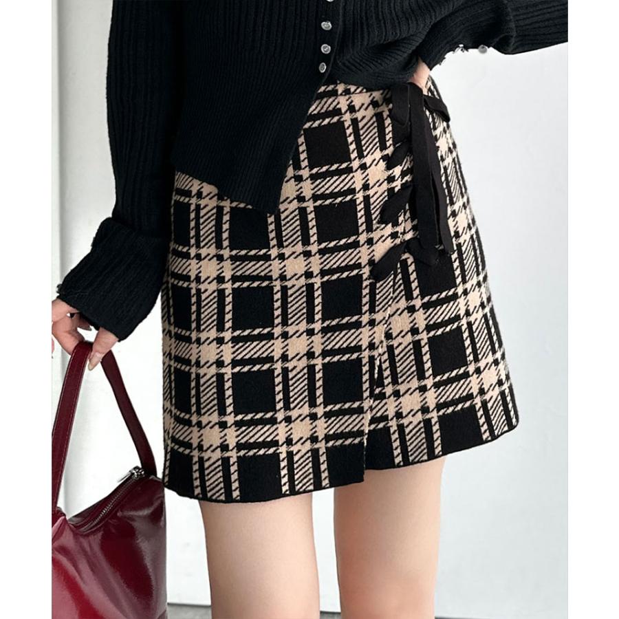 【mily bilet】ボトムス スカート レディース 巻きスカート風 リボン 使い チェック ニット ミニスカート スタイルアップ 大きいサイズ 秋 冬 2025aw | classicalelf | 13