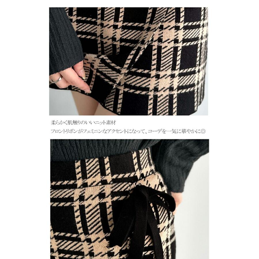 【mily bilet】ボトムス スカート レディース 巻きスカート風 リボン 使い チェック ニット ミニスカート スタイルアップ 大きいサイズ 秋 冬 2025aw | classicalelf | 16
