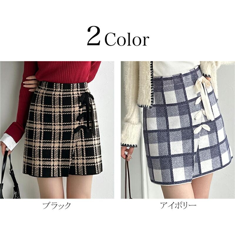 【mily bilet】ボトムス スカート レディース 巻きスカート風 リボン 使い チェック ニット ミニスカート スタイルアップ 大きいサイズ 秋 冬 2025aw | classicalelf | 01