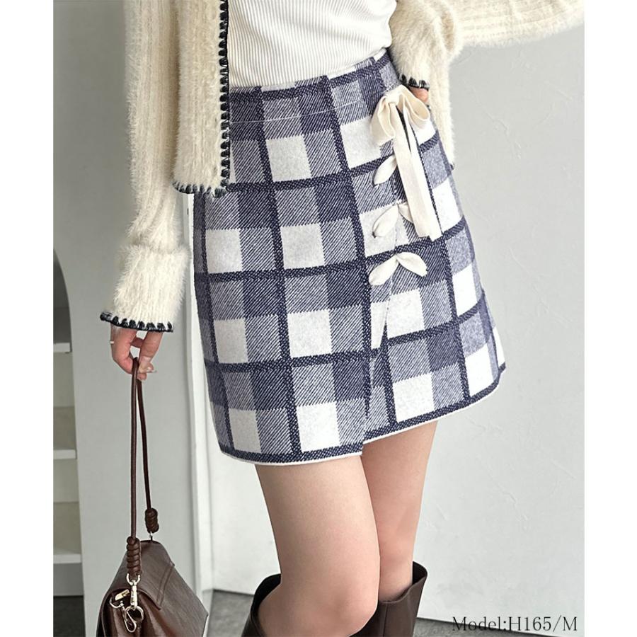 【mily bilet】ボトムス スカート レディース 巻きスカート風 リボン 使い チェック ニット ミニスカート スタイルアップ 大きいサイズ 秋 冬 2025aw | classicalelf | 02