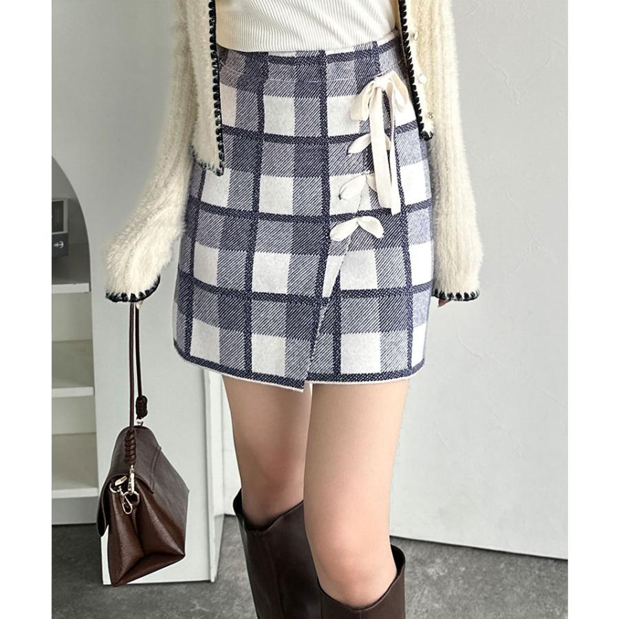 【mily bilet】ボトムス スカート レディース 巻きスカート風 リボン 使い チェック ニット ミニスカート スタイルアップ 大きいサイズ 秋 冬 2025aw | classicalelf | 03