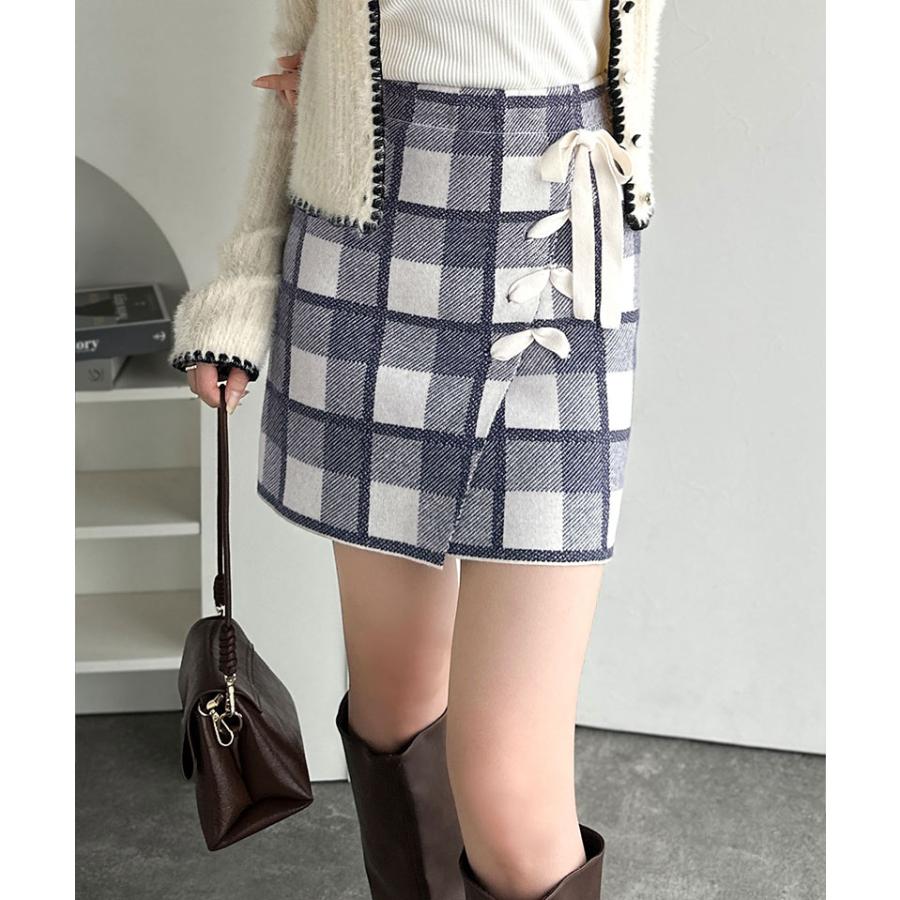 【mily bilet】ボトムス スカート レディース 巻きスカート風 リボン 使い チェック ニット ミニスカート スタイルアップ 大きいサイズ 秋 冬 2025aw | classicalelf | 04