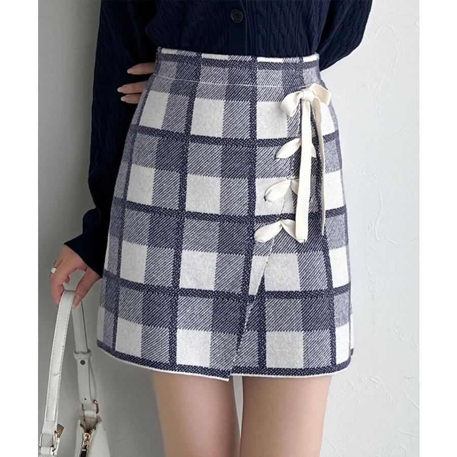 【mily bilet】ボトムス スカート レディース 巻きスカート風 リボン 使い チェック ニット ミニスカート スタイルアップ 大きいサイズ 秋 冬 2025aw | classicalelf | 05