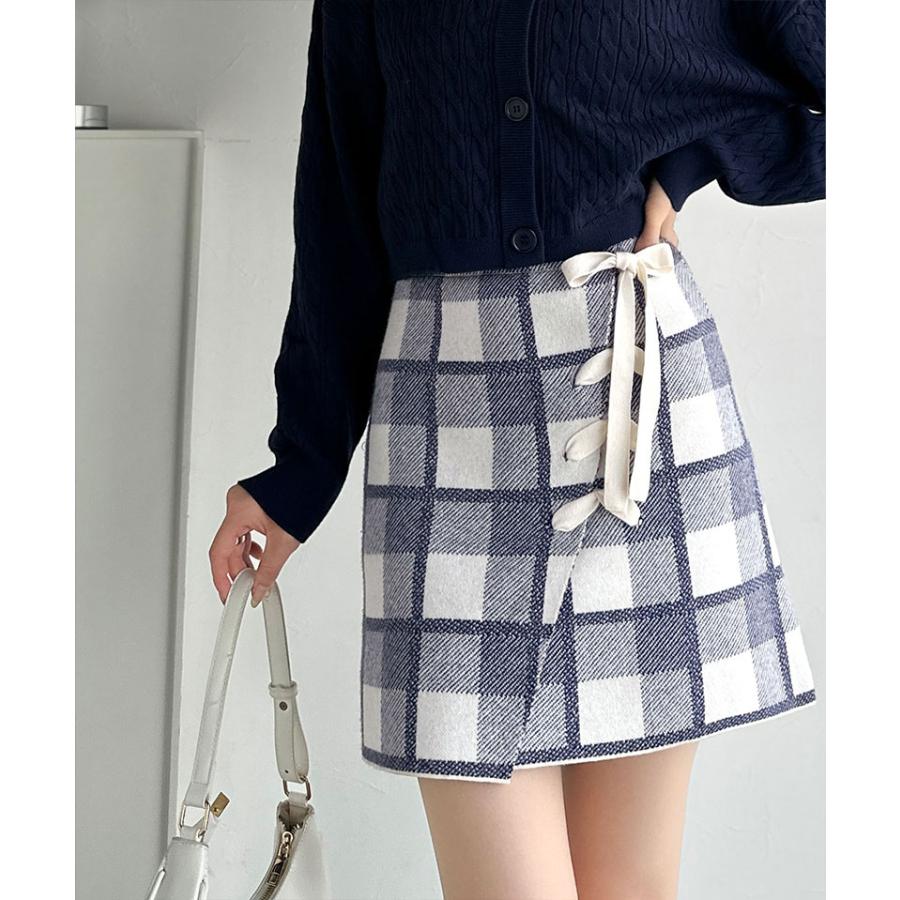 【mily bilet】ボトムス スカート レディース 巻きスカート風 リボン 使い チェック ニット ミニスカート スタイルアップ 大きいサイズ 秋 冬 2025aw | classicalelf | 06