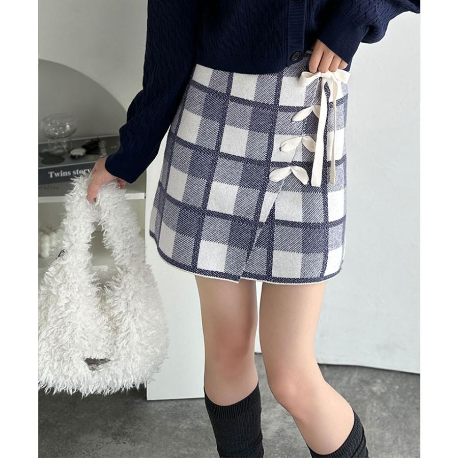 【mily bilet】ボトムス スカート レディース 巻きスカート風 リボン 使い チェック ニット ミニスカート スタイルアップ 大きいサイズ 秋 冬 2025aw | classicalelf | 07