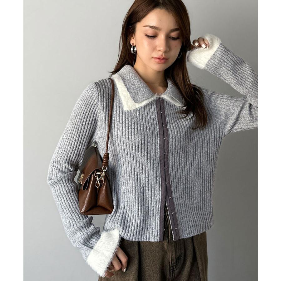 【mily bilet】トップス カーディガン レディース 異素材 ダブル 襟 デザイン リブニット 素材 フロント フック カーデ 長袖 レイヤードコーデ | classicalelf | 10