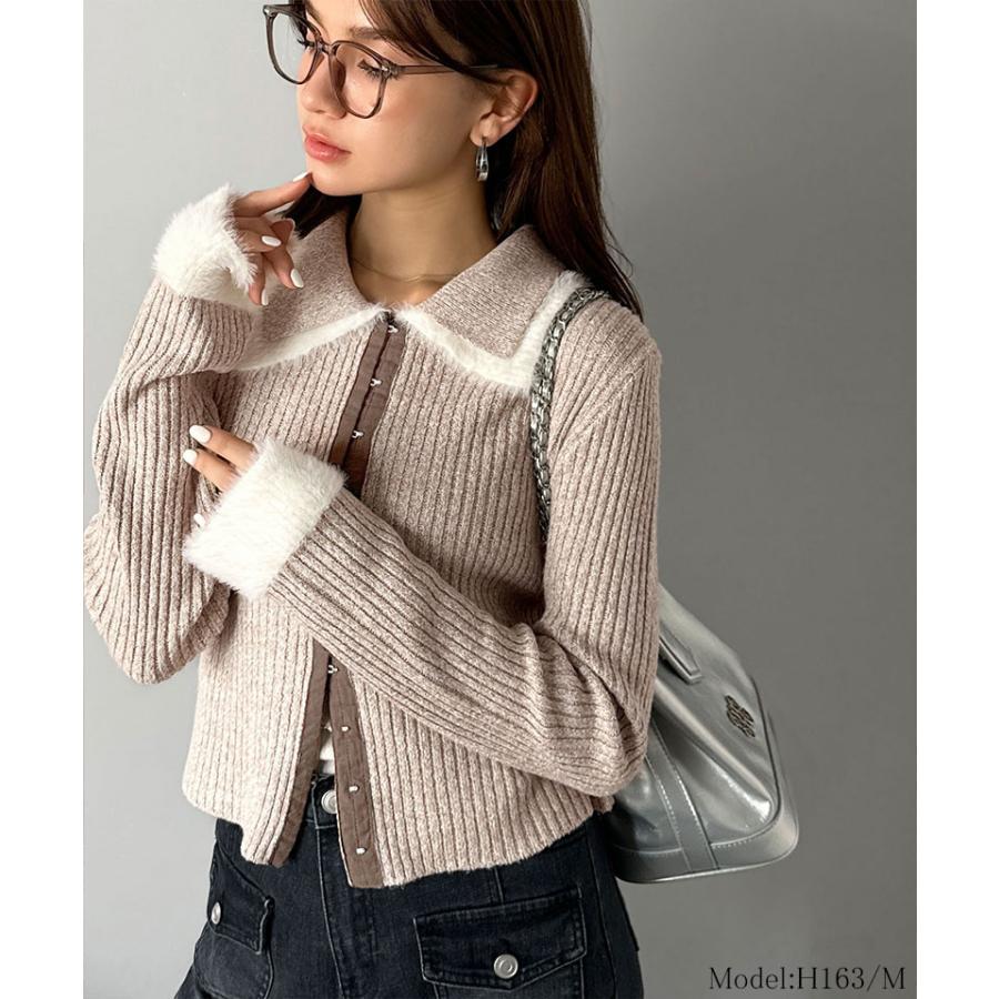 【mily bilet】トップス カーディガン レディース 異素材 ダブル 襟 デザイン リブニット 素材 フロント フック カーデ 長袖 レイヤードコーデ | classicalelf | 12