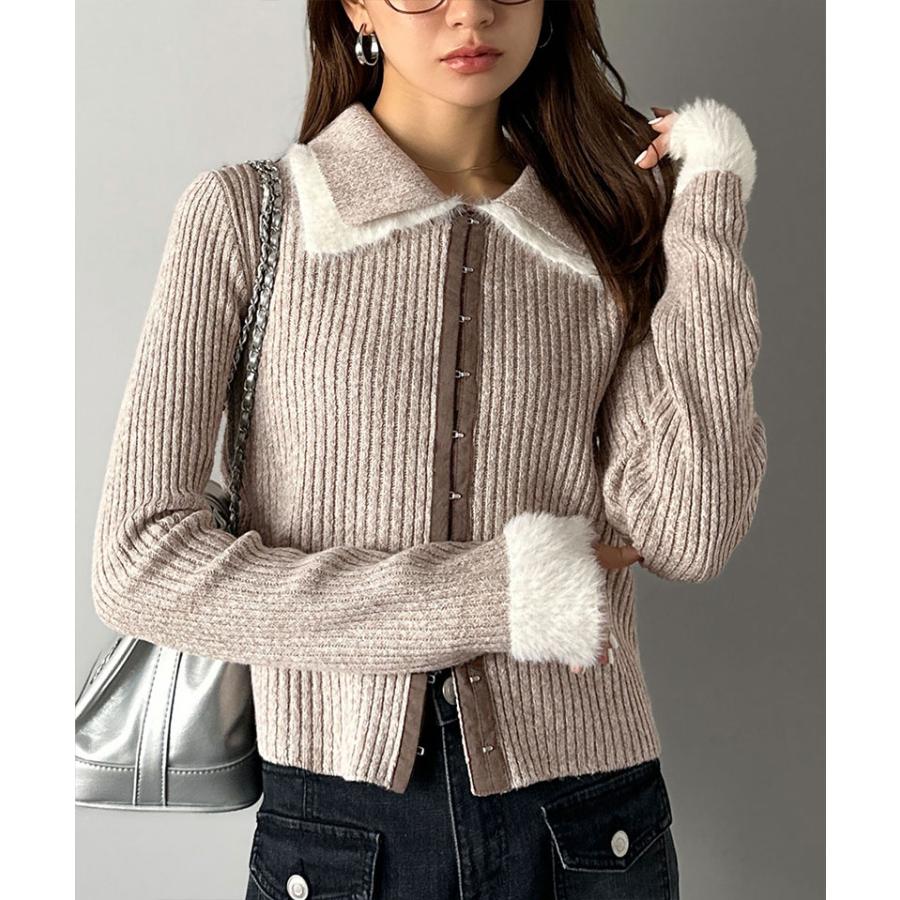 【mily bilet】トップス カーディガン レディース 異素材 ダブル 襟 デザイン リブニット 素材 フロント フック カーデ 長袖 レイヤードコーデ | classicalelf | 13