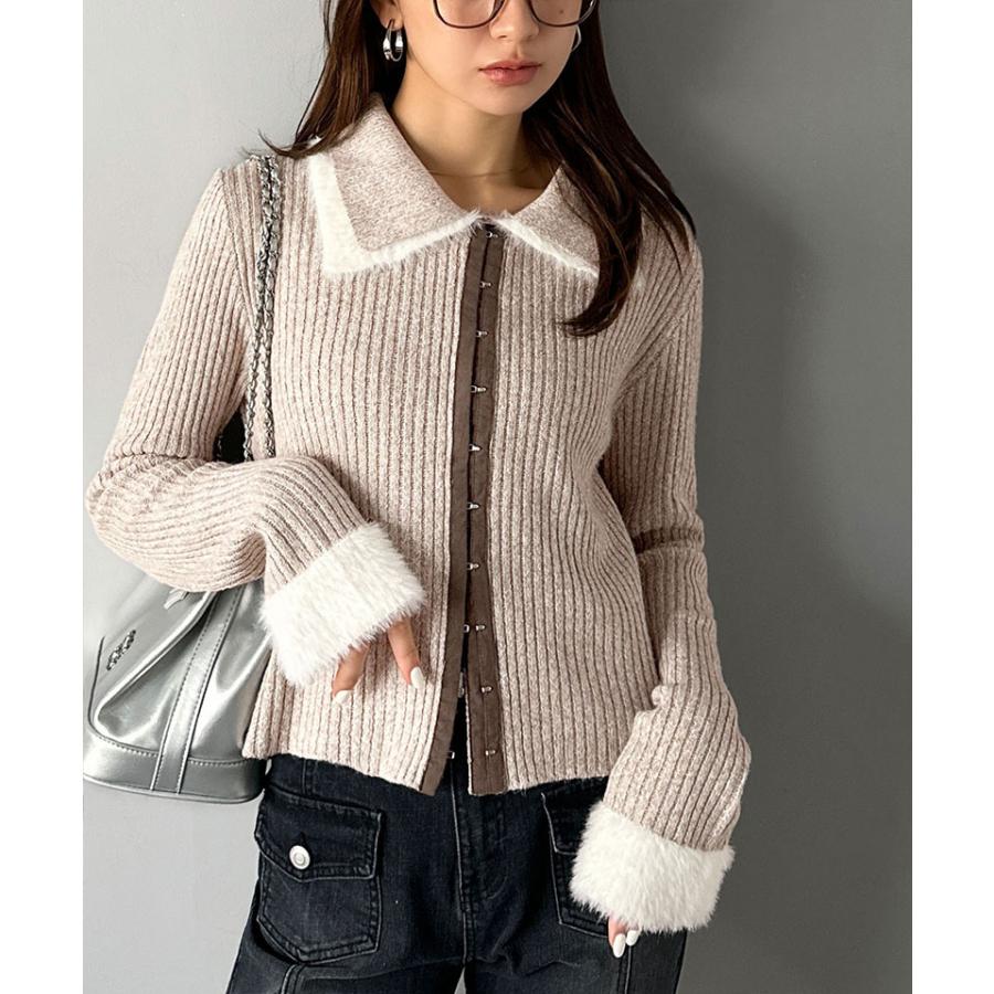 【mily bilet】トップス カーディガン レディース 異素材 ダブル 襟 デザイン リブニット 素材 フロント フック カーデ 長袖 レイヤードコーデ | classicalelf | 14