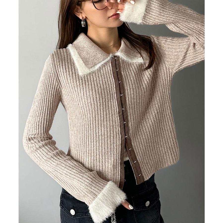 【mily bilet】トップス カーディガン レディース 異素材 ダブル 襟 デザイン リブニット 素材 フロント フック カーデ 長袖 レイヤードコーデ | classicalelf | 15