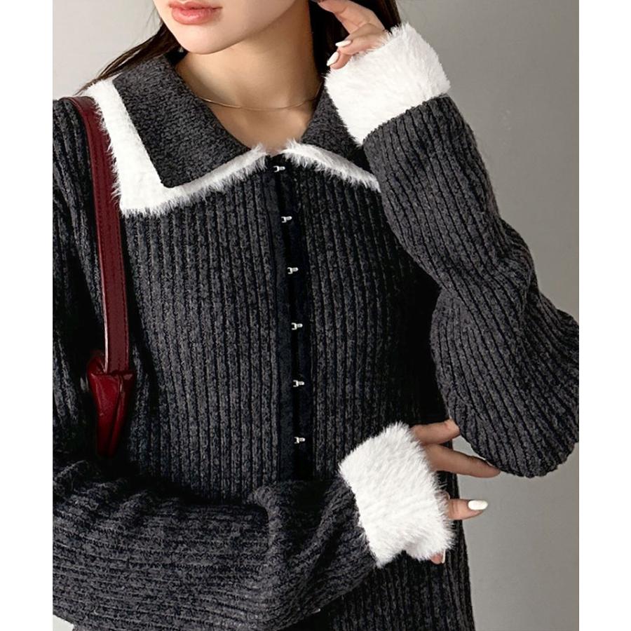 【mily bilet】トップス カーディガン レディース 異素材 ダブル 襟 デザイン リブニット 素材 フロント フック カーデ 長袖 レイヤードコーデ | classicalelf | 03