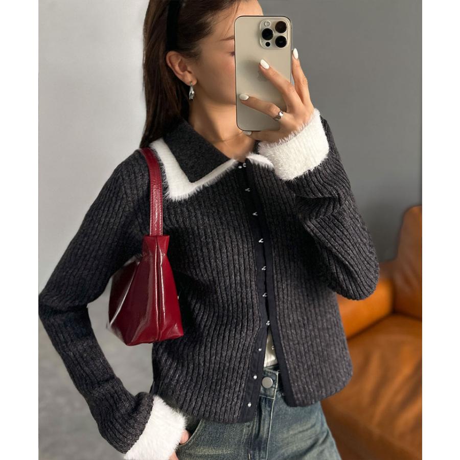 【mily bilet】トップス カーディガン レディース 異素材 ダブル 襟 デザイン リブニット 素材 フロント フック カーデ 長袖 レイヤードコーデ | classicalelf | 04