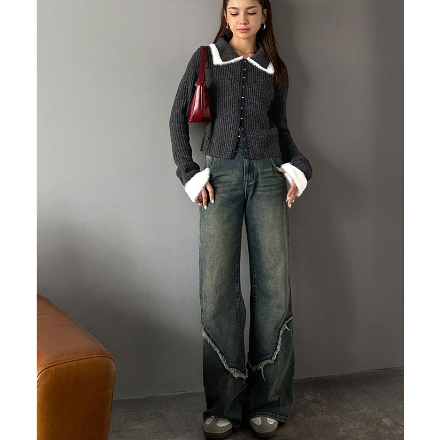 【mily bilet】トップス カーディガン レディース 異素材 ダブル 襟 デザイン リブニット 素材 フロント フック カーデ 長袖 レイヤードコーデ | classicalelf | 05