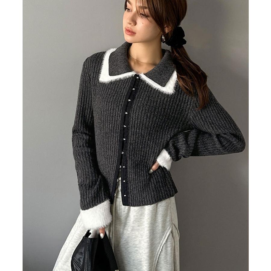 【mily bilet】トップス カーディガン レディース 異素材 ダブル 襟 デザイン リブニット 素材 フロント フック カーデ 長袖 レイヤードコーデ | classicalelf | 06