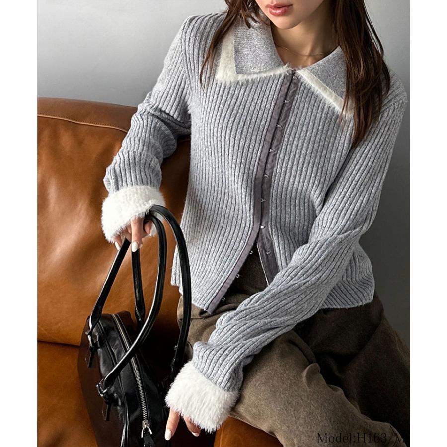 【mily bilet】トップス カーディガン レディース 異素材 ダブル 襟 デザイン リブニット 素材 フロント フック カーデ 長袖 レイヤードコーデ | classicalelf | 07