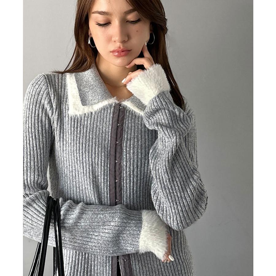 【mily bilet】トップス カーディガン レディース 異素材 ダブル 襟 デザイン リブニット 素材 フロント フック カーデ 長袖 レイヤードコーデ | classicalelf | 08