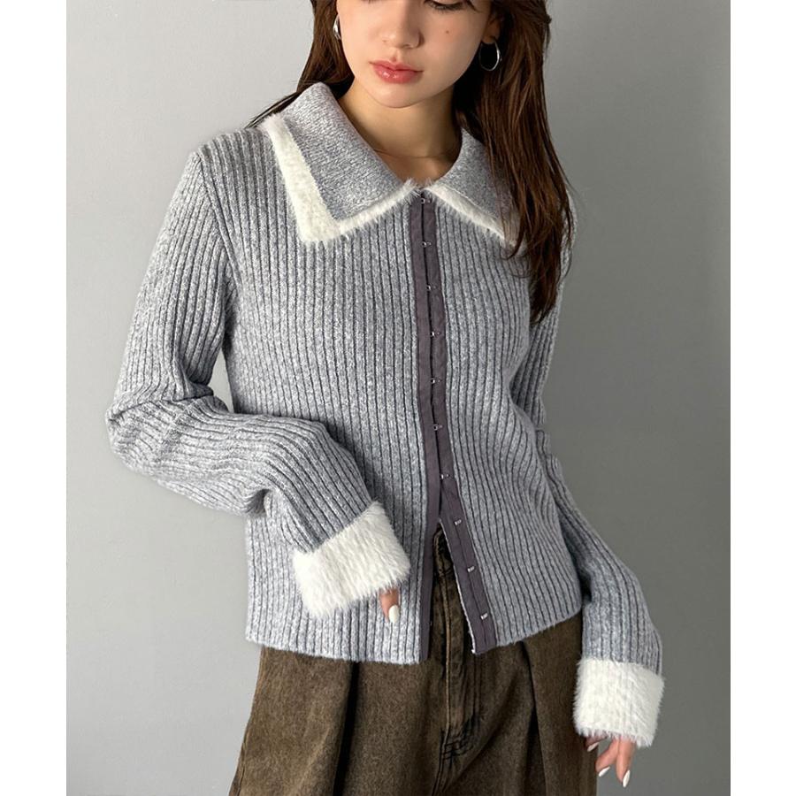 【mily bilet】トップス カーディガン レディース 異素材 ダブル 襟 デザイン リブニット 素材 フロント フック カーデ 長袖 レイヤードコーデ | classicalelf | 09