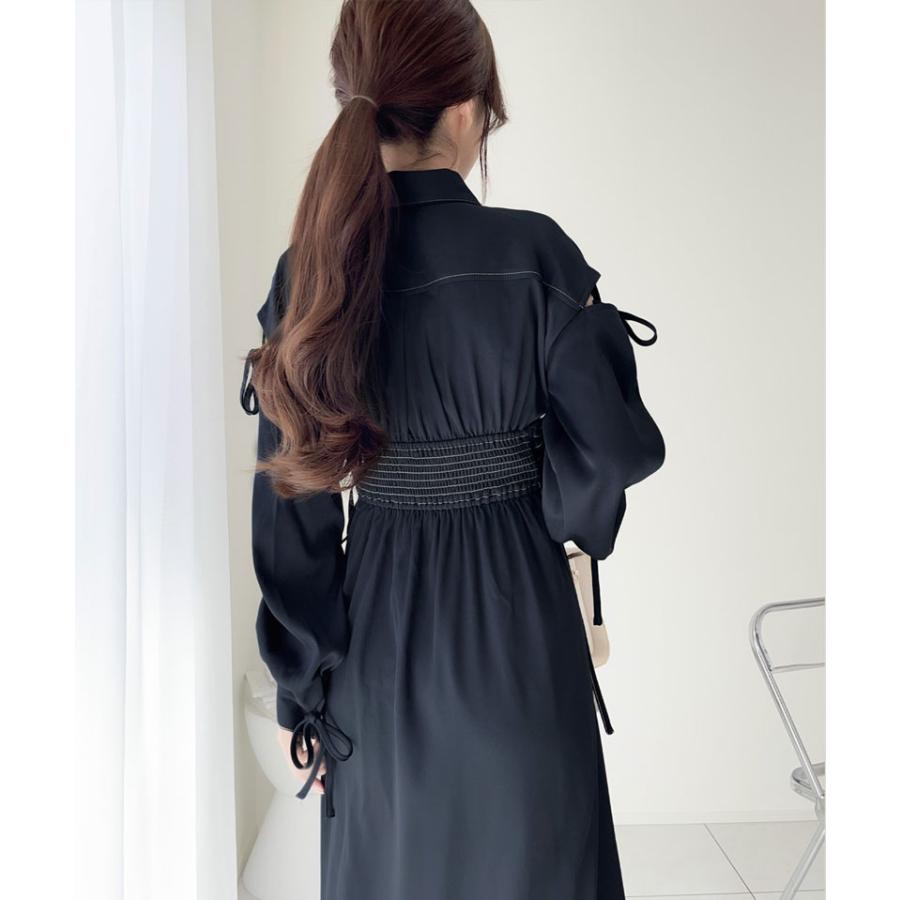 【mily bilet】 ワンピース レディース ロング丈 肩開き リボン ステッチ ガーリー 配色 Aライン 切替 レースアップ パールボタン オールシーズン | classicalelf | 10