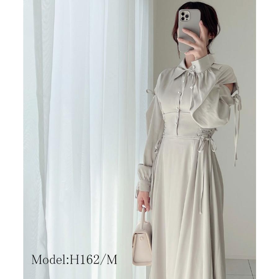 【mily bilet】 ワンピース レディース ロング丈 肩開き リボン ステッチ ガーリー 配色 Aライン 切替 レースアップ パールボタン オールシーズン | classicalelf | 03