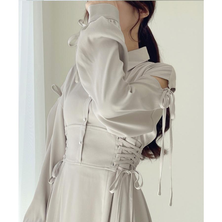 【mily bilet】 ワンピース レディース ロング丈 肩開き リボン ステッチ ガーリー 配色 Aライン 切替 レースアップ パールボタン オールシーズン | classicalelf | 04