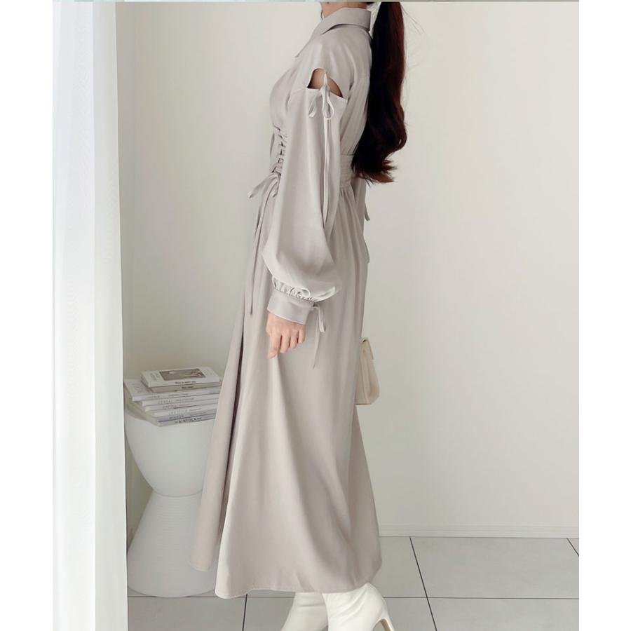 【mily bilet】 ワンピース レディース ロング丈 肩開き リボン ステッチ ガーリー 配色 Aライン 切替 レースアップ パールボタン オールシーズン | classicalelf | 05