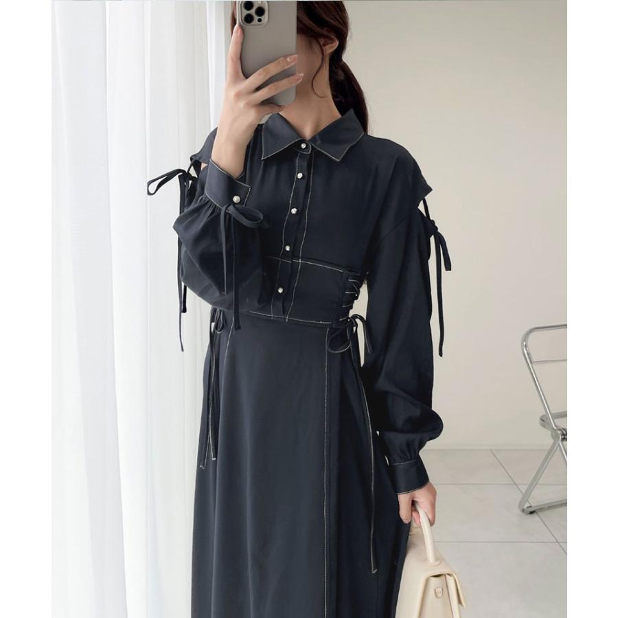 【mily bilet】 ワンピース レディース ロング丈 肩開き リボン ステッチ ガーリー 配色 Aライン 切替 レースアップ パールボタン オールシーズン | classicalelf | 07