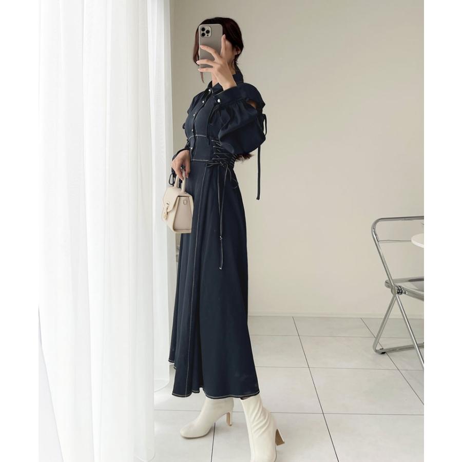 【mily bilet】 ワンピース レディース ロング丈 肩開き リボン ステッチ ガーリー 配色 Aライン 切替 レースアップ パールボタン オールシーズン | classicalelf | 08