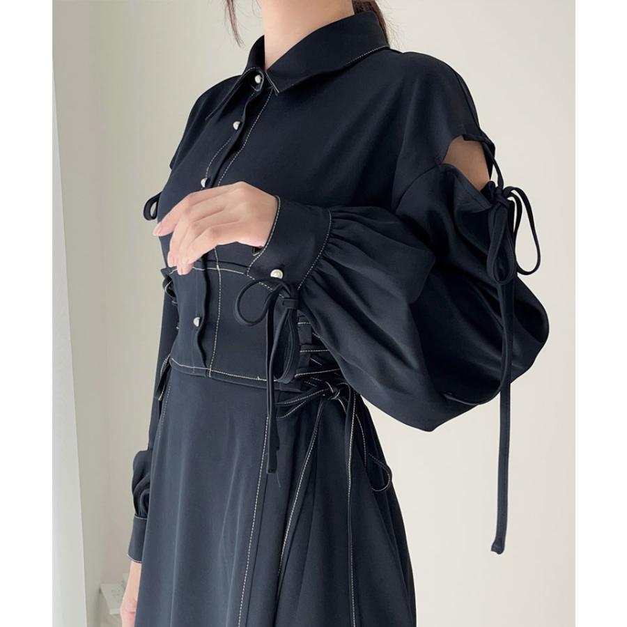 【mily bilet】 ワンピース レディース ロング丈 肩開き リボン ステッチ ガーリー 配色 Aライン 切替 レースアップ パールボタン オールシーズン | classicalelf | 09