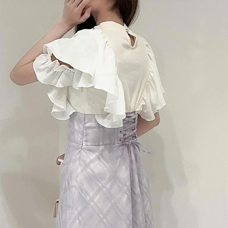 【mily bilet】 ワンピース レディース ダブル フリル 袖 チェック レース ドッキング ワンピ バック 編み上げ シャーリング ゴム 高見え | classicalelf | 19