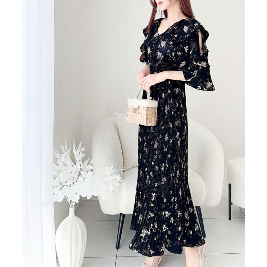 【mily bilet】 ワンピース レディース フリル 襟 花柄 肩 スリット ワンピ ベルスリーブ カフス Vネック マキシ 丈 ハイウエスト シャーリング | classicalelf | 10