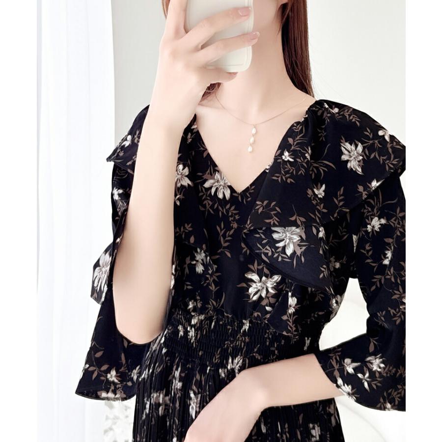 【mily bilet】 ワンピース レディース フリル 襟 花柄 肩 スリット ワンピ ベルスリーブ カフス Vネック マキシ 丈 ハイウエスト シャーリング | classicalelf | 11