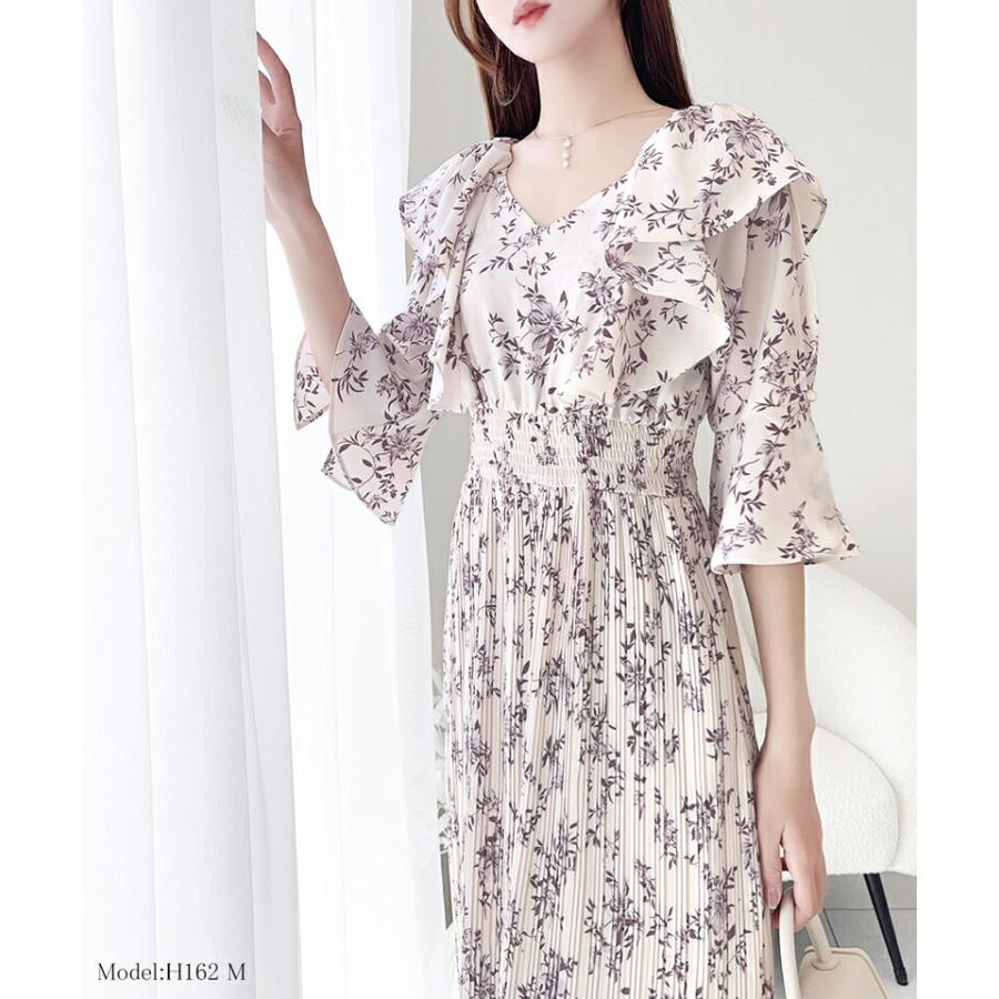 【mily bilet】 ワンピース レディース フリル 襟 花柄 肩 スリット ワンピ ベルスリーブ カフス Vネック マキシ 丈 ハイウエスト シャーリング | classicalelf | 12
