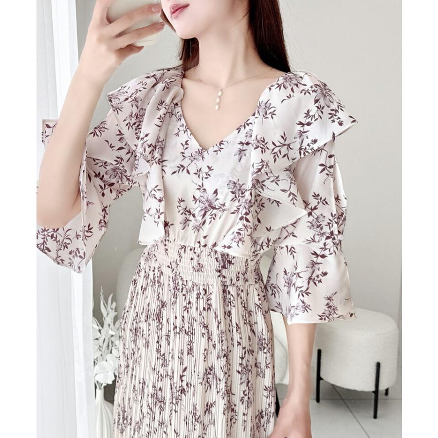 【mily bilet】 ワンピース レディース フリル 襟 花柄 肩 スリット ワンピ ベルスリーブ カフス Vネック マキシ 丈 ハイウエスト シャーリング | classicalelf | 14