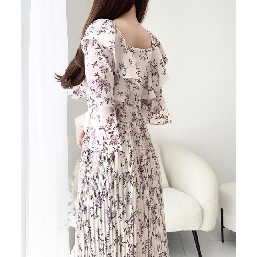 【mily bilet】 ワンピース レディース フリル 襟 花柄 肩 スリット ワンピ ベルスリーブ カフス Vネック マキシ 丈 ハイウエスト シャーリング | classicalelf | 15