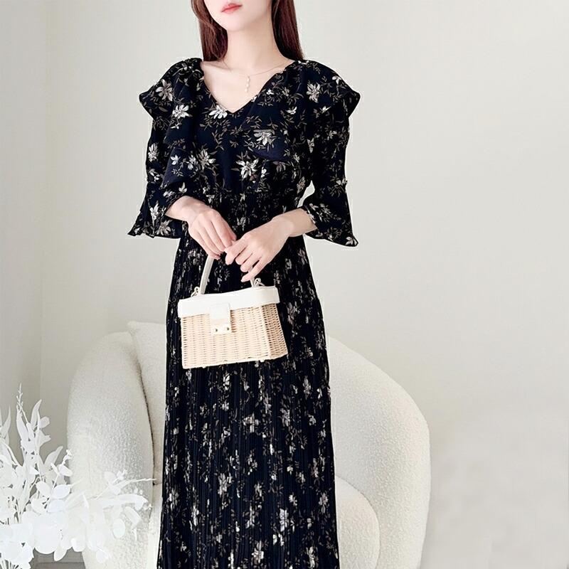【mily bilet】 ワンピース レディース フリル 襟 花柄 肩 スリット ワンピ ベルスリーブ カフス Vネック マキシ 丈 ハイウエスト シャーリング | classicalelf | 18