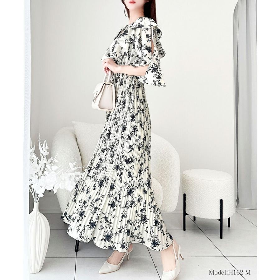 【mily bilet】 ワンピース レディース フリル 襟 花柄 肩 スリット ワンピ ベルスリーブ カフス Vネック マキシ 丈 ハイウエスト シャーリング | classicalelf | 03