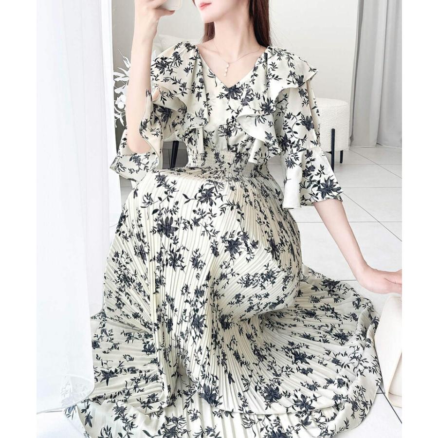 【mily bilet】 ワンピース レディース フリル 襟 花柄 肩 スリット ワンピ ベルスリーブ カフス Vネック マキシ 丈 ハイウエスト シャーリング | classicalelf | 04