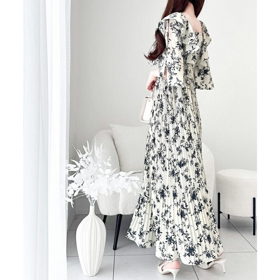 【mily bilet】 ワンピース レディース フリル 襟 花柄 肩 スリット ワンピ ベルスリーブ カフス Vネック マキシ 丈 ハイウエスト シャーリング | classicalelf | 05