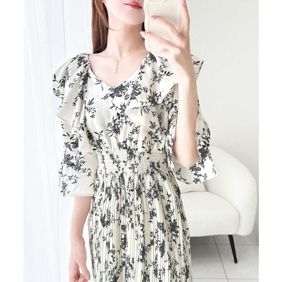 【mily bilet】 ワンピース レディース フリル 襟 花柄 肩 スリット ワンピ ベルスリーブ カフス Vネック マキシ 丈 ハイウエスト シャーリング | classicalelf | 06