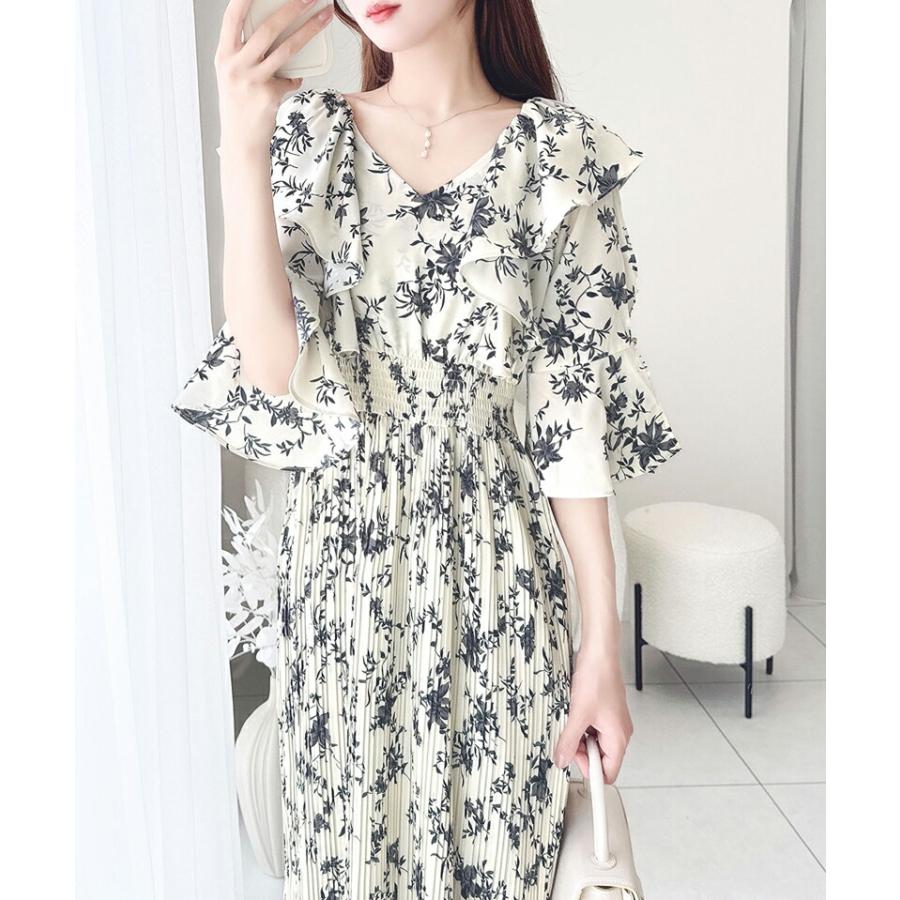 【mily bilet】 ワンピース レディース フリル 襟 花柄 肩 スリット ワンピ ベルスリーブ カフス Vネック マキシ 丈 ハイウエスト シャーリング | classicalelf | 07