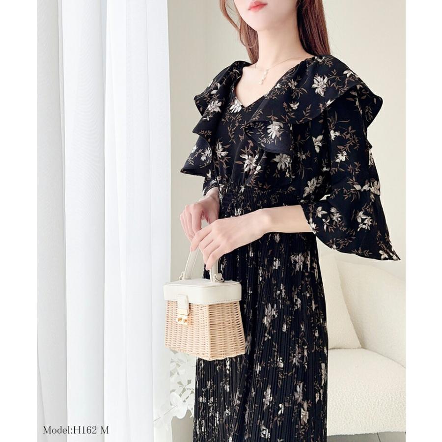 【mily bilet】 ワンピース レディース フリル 襟 花柄 肩 スリット ワンピ ベルスリーブ カフス Vネック マキシ 丈 ハイウエスト シャーリング | classicalelf | 08